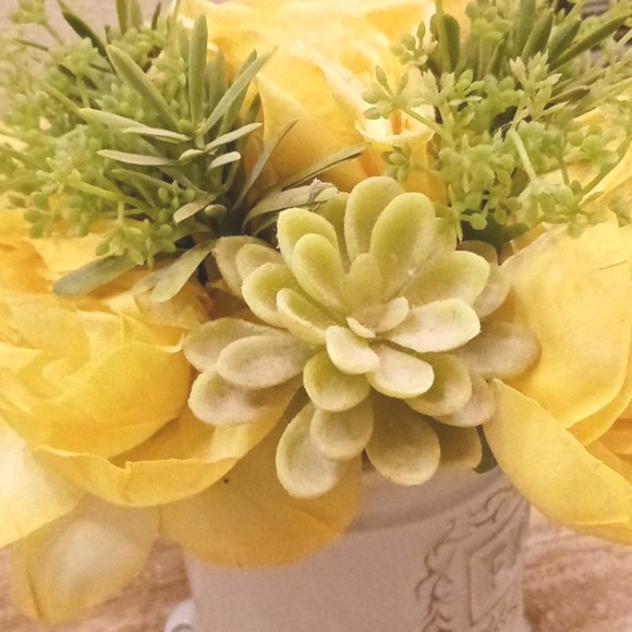 Luxury Home Decor Silk Roses & Aeoniums in White Base Floral Arrangement - Picture 7 of 14